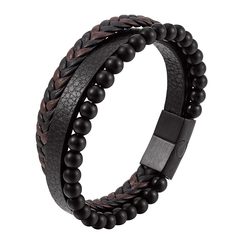 Men's beaded leather bracelet featuring a braided strap and a secure stainless steel clasp.