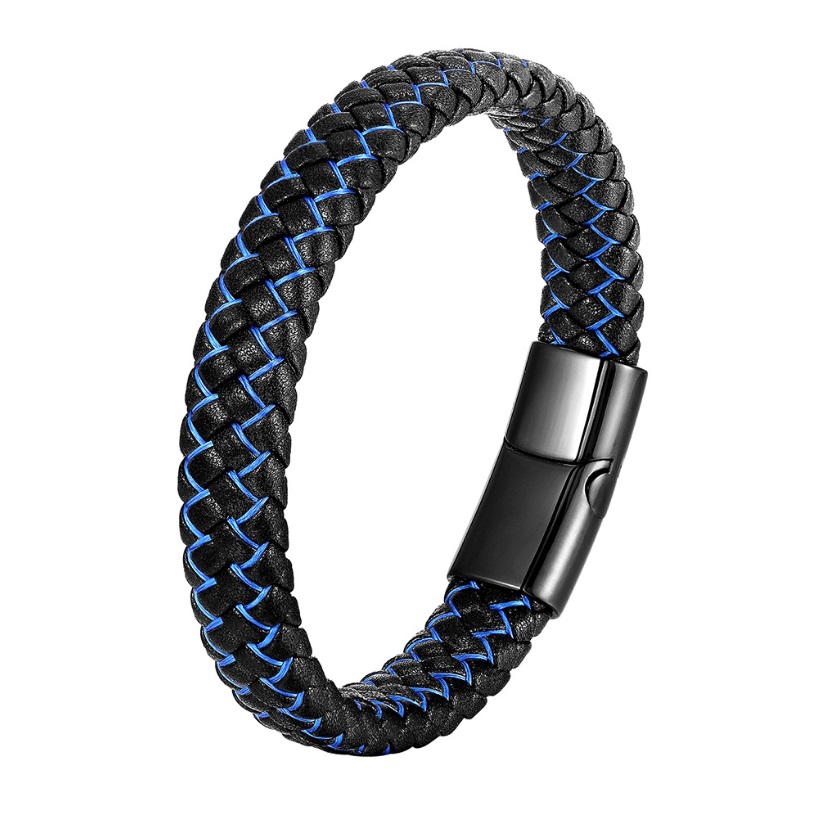 Close-up of a men's black leather wrap bracelet featuring detailed blue stitching and a secure black stainless steel clasp.