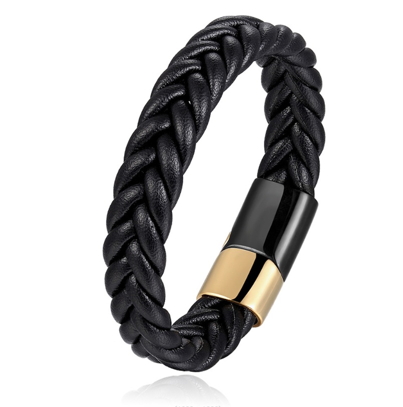 Close-up of a minimalist black braided genuine leather bracelet for men, featuring a stylish gold and black stainless steel clasp.