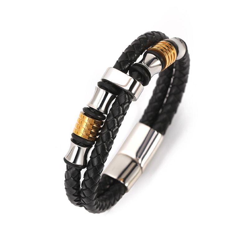 A stylish men's bracelet featuring black braided genuine leather intertwined with polished stainless steel and gold-tone accents, showcasing a modern and durable design.