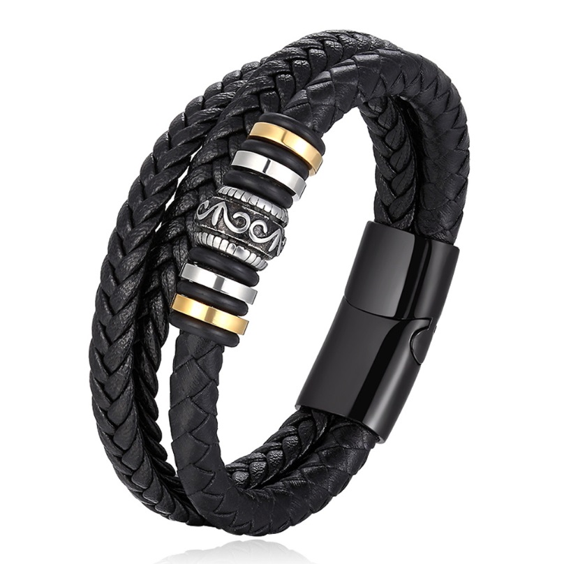 Mens multilayer braided rope bracelet made from black genuine leather with stainless steel metallic accents and a secure clasp.
