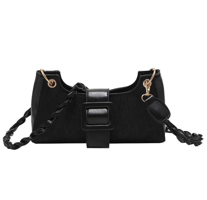 Front view of the Fashionable Girly Shoulder Handbag in black PU leather, showcasing its elegant gold-tone hardware and distinctive braided straps.