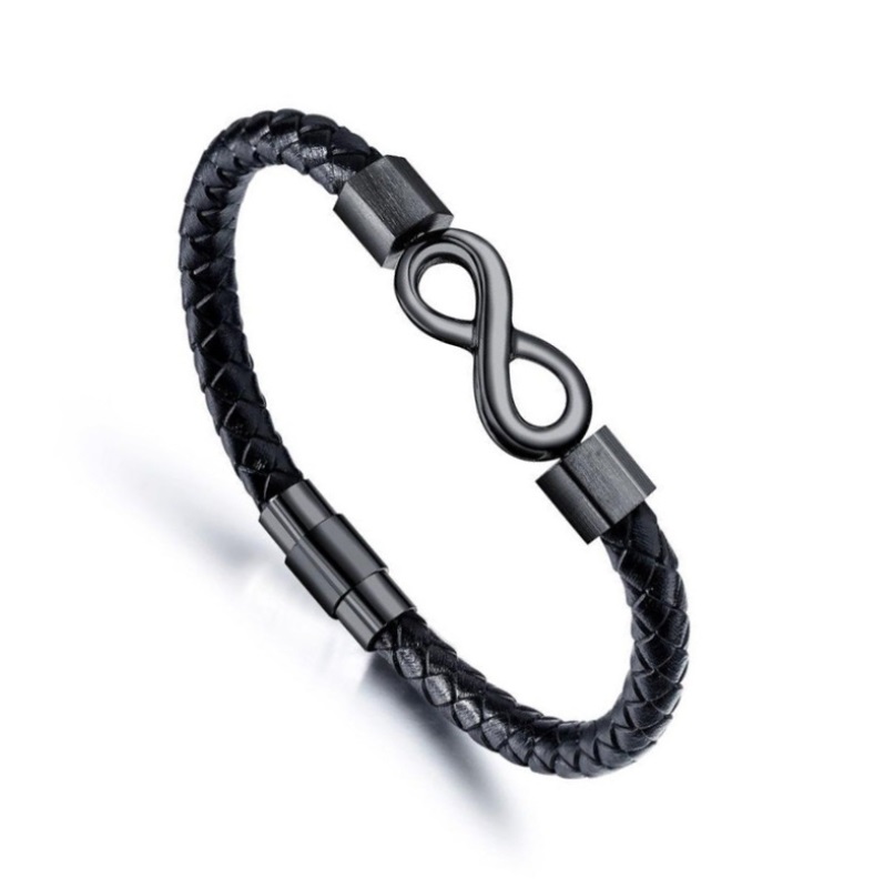 A stylish black braided PU leather bracelet for men, featuring a polished stainless steel infinity symbol clasp, on a clean white background.