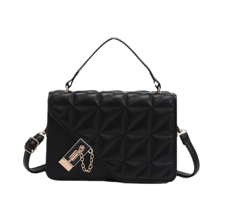 Front view of a high-quality black quilted PU leather handbag with an elegant gold chain strap and hardware, model JRP-044, from JR Fashion Accessories.