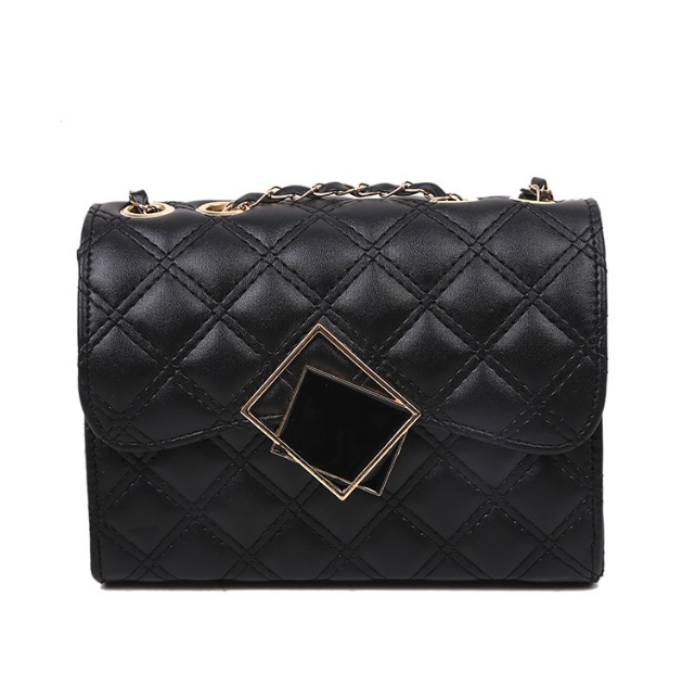 Stylish black quilted leather flap bag with a top handle and gold chain strap, model JRP-034.