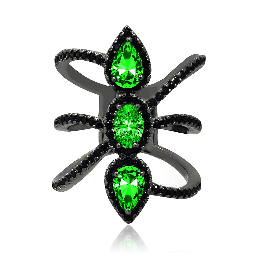 Front view of the Hematite Contemporary Cocktail Ring, showcasing its distinctive design with three vibrant green gemstones and black cubic zirconia accents on a hematite-plated band.