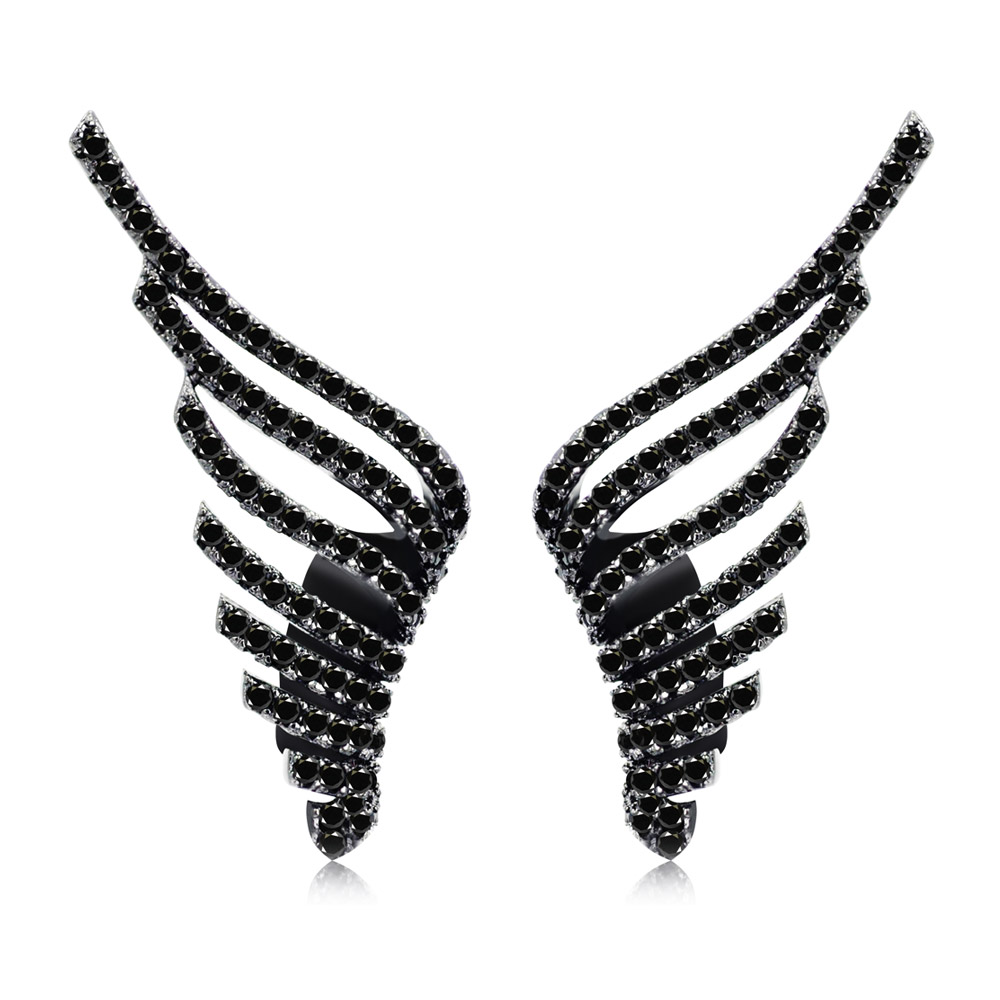 A pair of Glamorous Dark Wing Earrings, featuring a sleek, wing-like design crafted from hematite-plated brass and embellished with sparkling black and clear cubic zirconia stones.