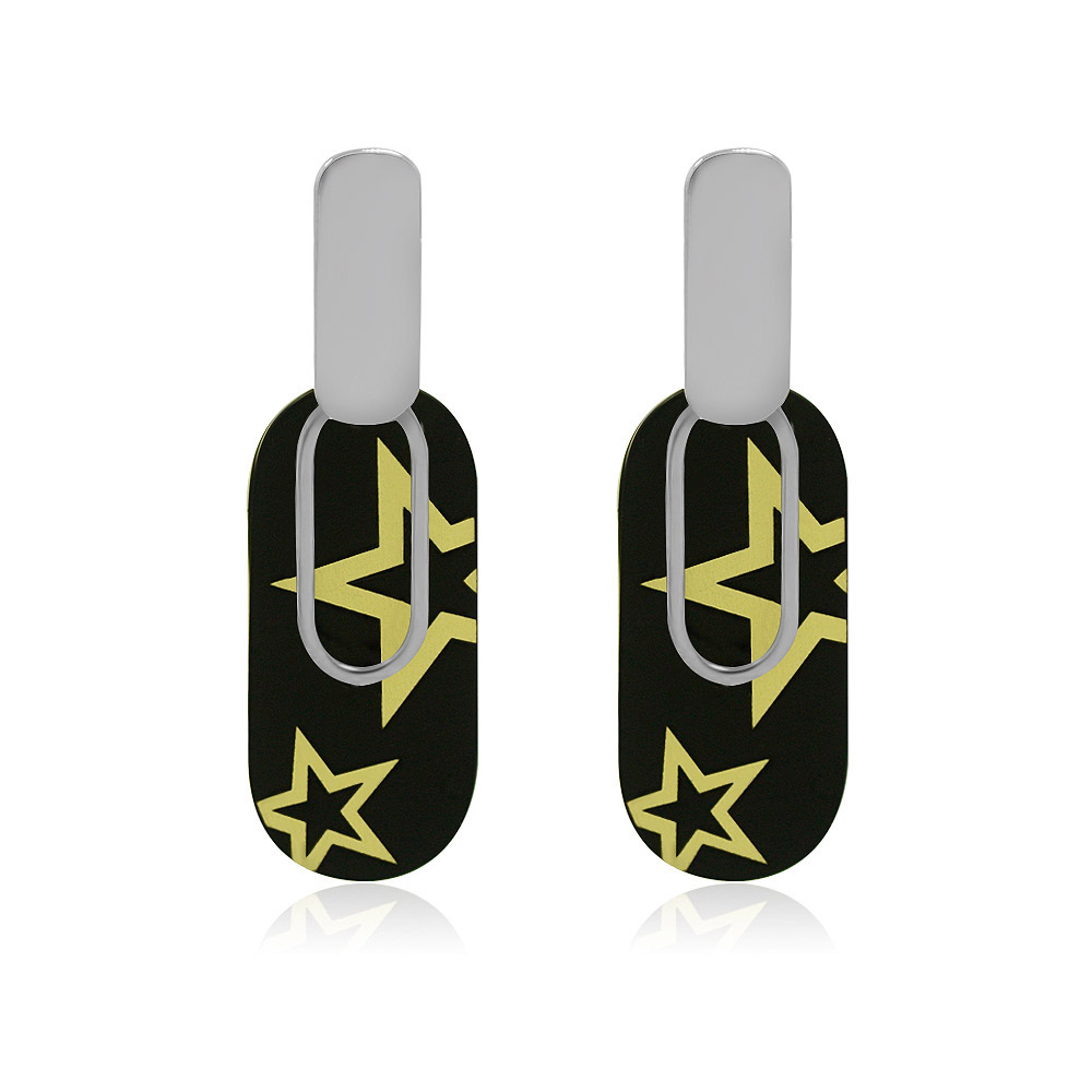 A pair of Fashion Black Star Earrings with a rhodium-plated finish, showcasing the detailed black and yellow star design against a white background.