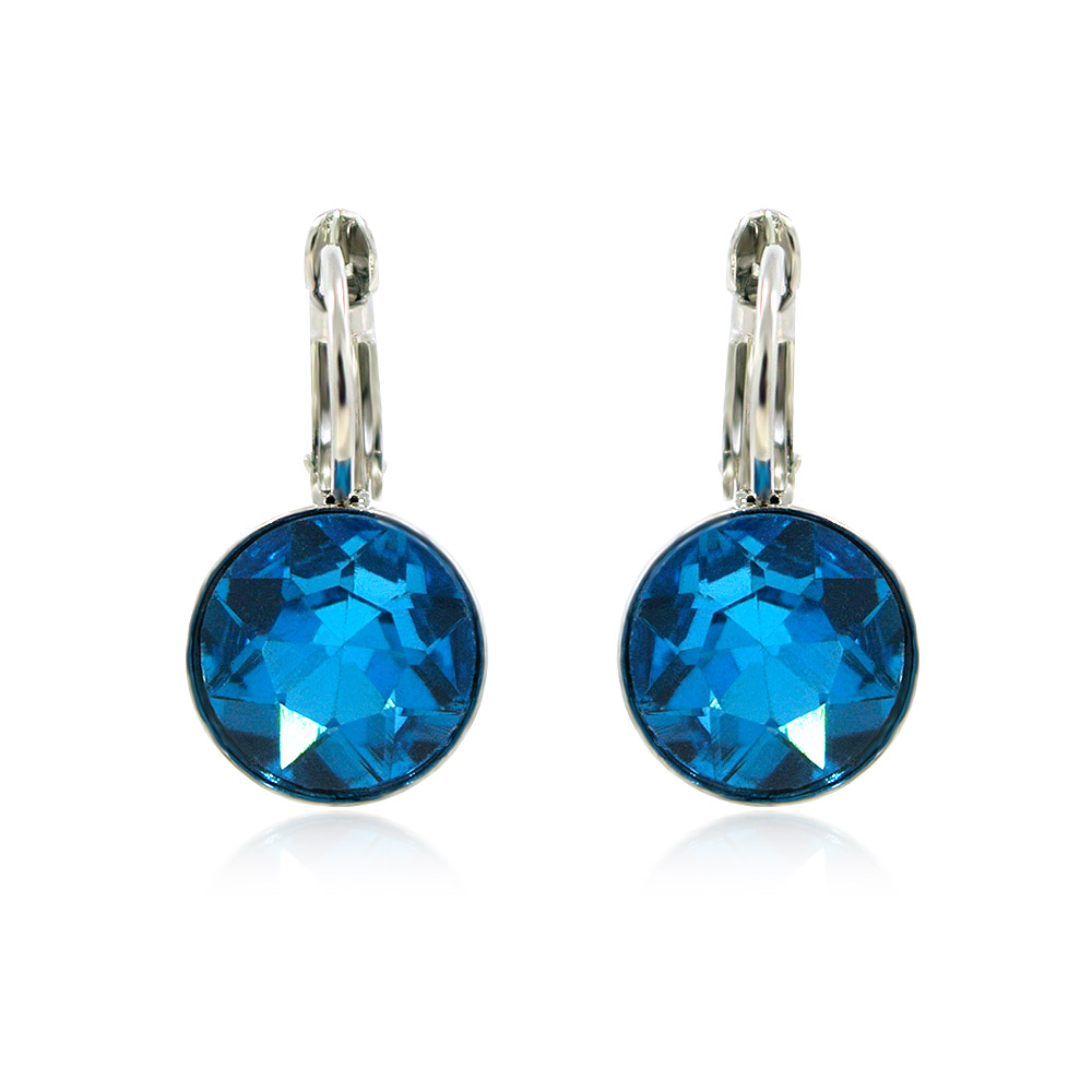 A pair of 10mm Round Rhodium Solitaire Blue Earrings with silver clasps, showcasing the vibrant blue crystal and French hook design.