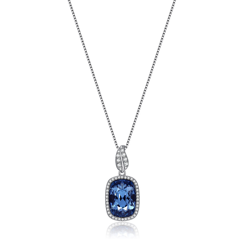 Blue Swarovski Crystal Rectangle Drop Necklace in 925 sterling silver, featuring a vibrant blue crystal pendant surrounded by a pave of white crystals.