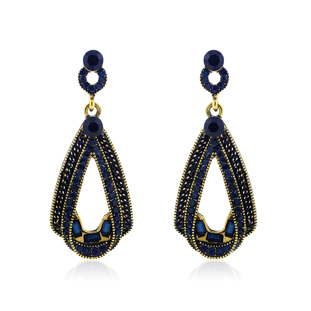 Montana Blue Chandelier Vintage Earrings with teardrop-shaped dark blue gemstones set in a gold-plated brass fitting.
