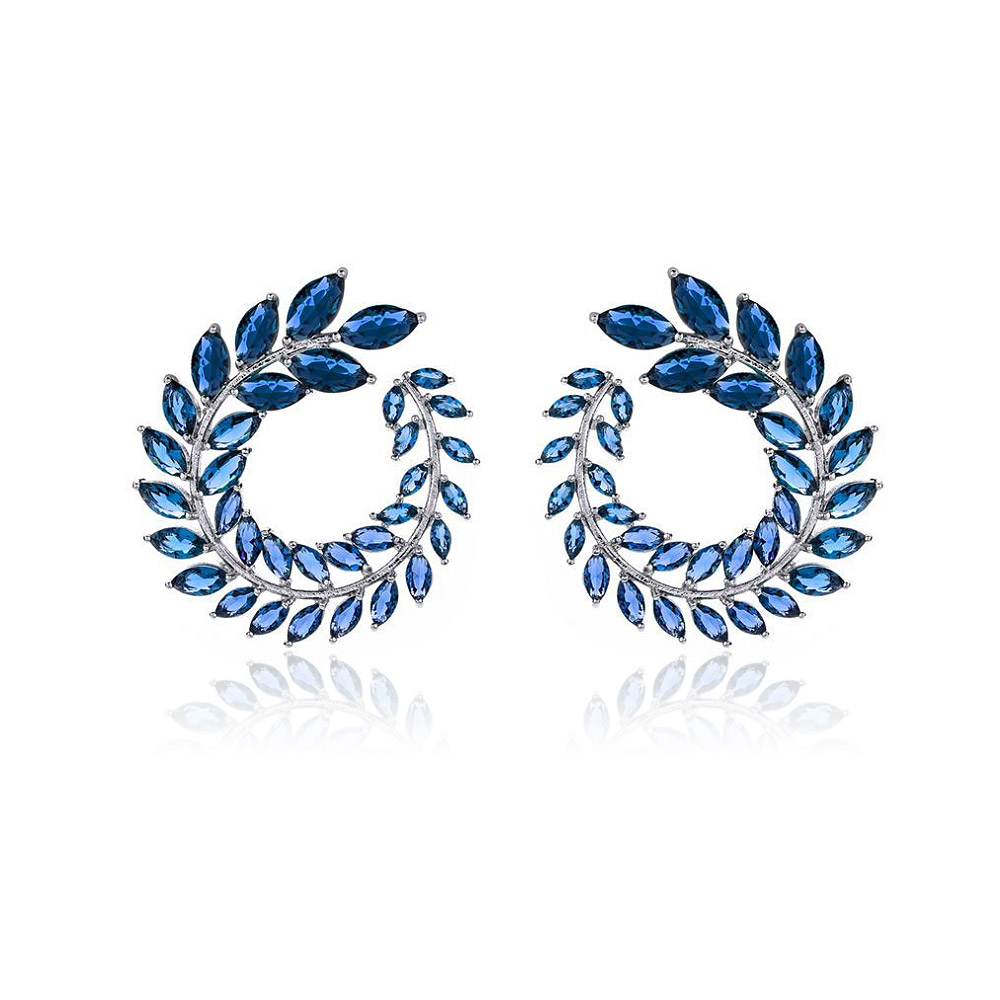 A pair of Blue Marquise Cluster Earrings (JRE-010) with a wreath-like design, featuring brilliant blue cubic zirconia stones on a rhodium-plated brass base.