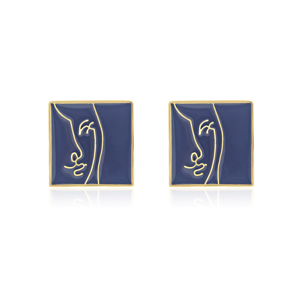 A pair of Enamel Purple Face Square Earrings, featuring a gold-plated square stud with a purple enamel abstract face design, shown on a neutral background.