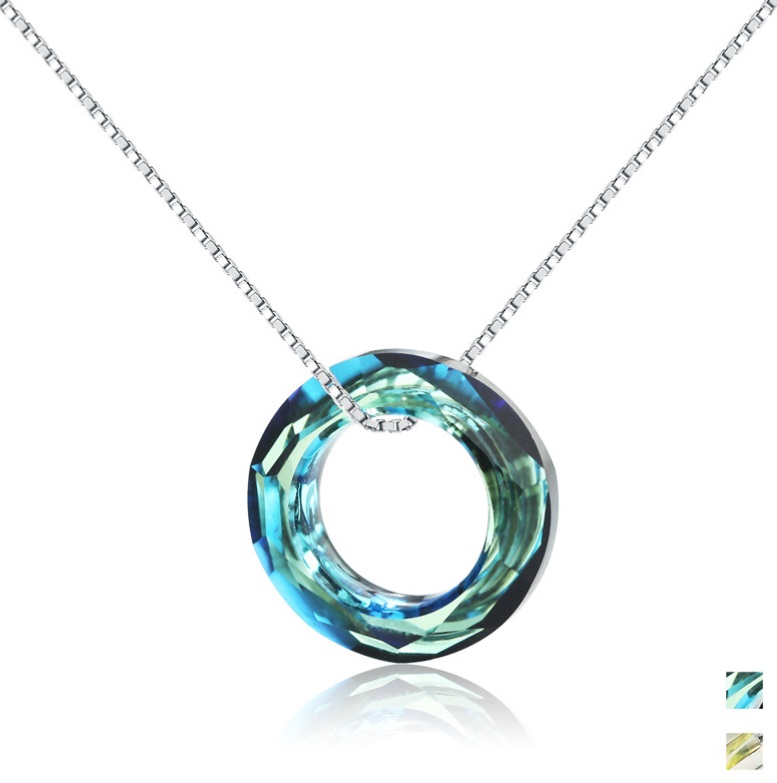 Elegant 925 sterling silver necklace featuring a stunning circular blue-green Swarovski crystal pendant on a white background.