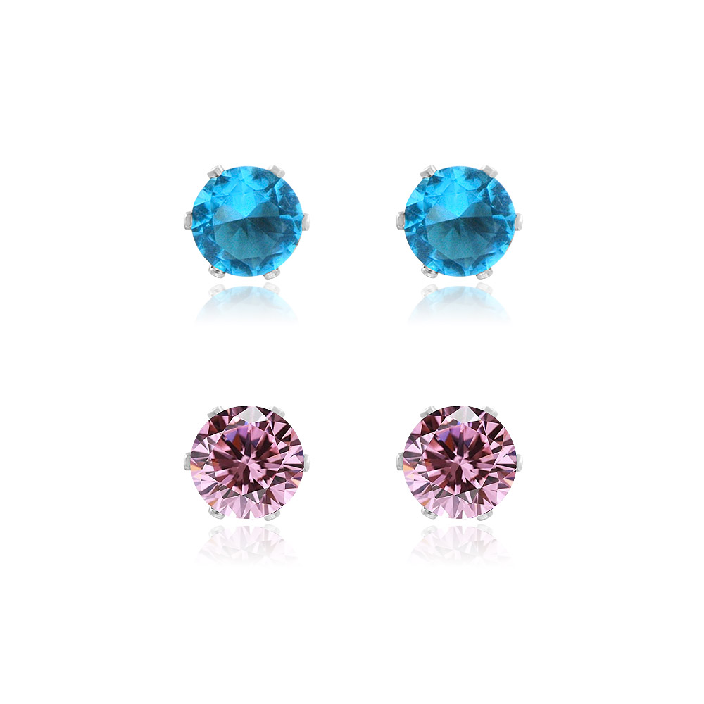 A set of 6mm cubic zirconia 2-in-1 stud earrings, featuring brilliant round-cut blue and pink gemstones in four-prong gold-plated settings.
