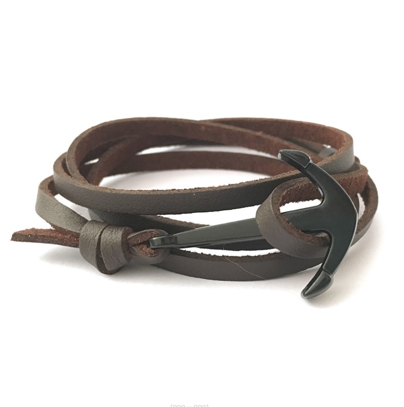 PU leather adjustable bracelet for men, model Men-021, featuring a stylish brown leather band and a silver anchor clasp.