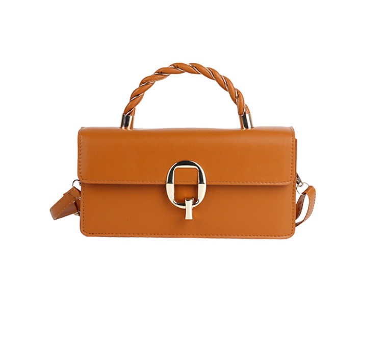 Front view of the Female Classic Retro Bag in brown PU leather, highlighting its unique braided handle and elegant gold clasp.