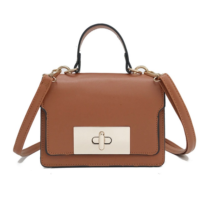 Front view of the minimalist brown PU leather shoulder bag with elegant gold-tone hardware and a custom logo flap.