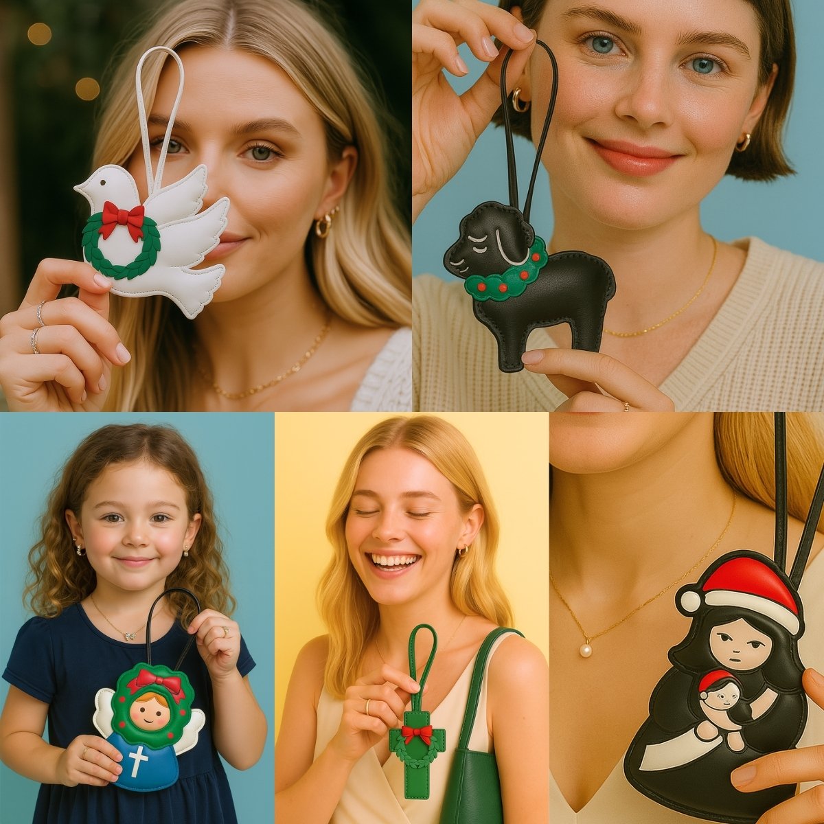A collage showcasing various custom Christmas-themed leather bag charms, including dove, sheep, and angel designs, held by individuals.