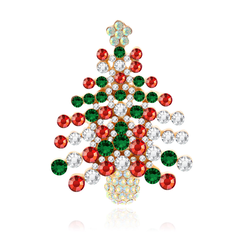 Close-up of the Christmas Tree Brooch showcasing its intricate design with red, green, and clear Czech crystals on a rose gold plated alloy base.