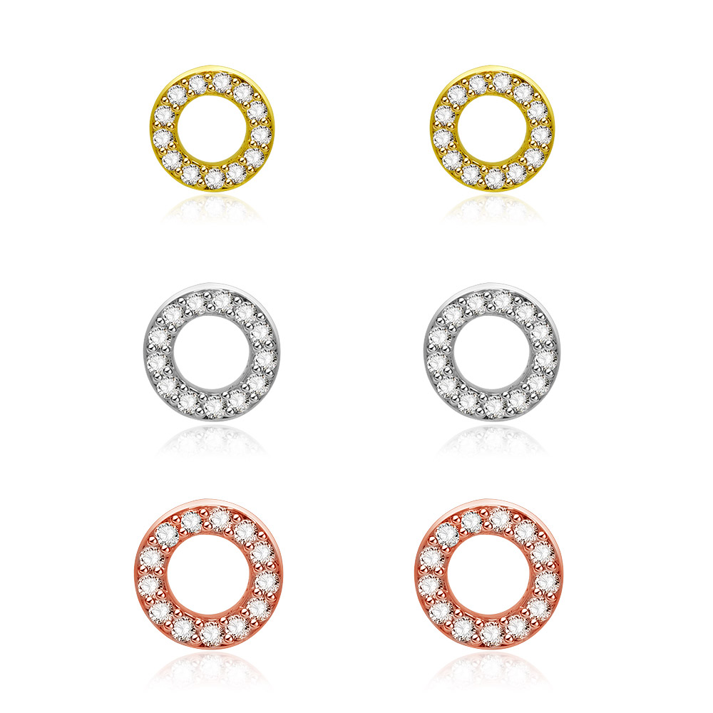 A set of 3 pairs of circle stud zirconia earrings in rhodium, gold, and rose gold plating, displayed on a white background.