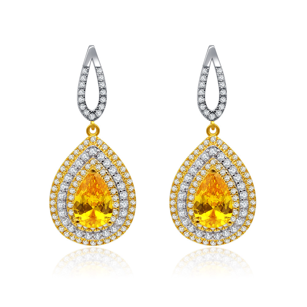 A pair of Enticing Bright Yellow Topaz Drop Earrings, featuring a teardrop-shaped yellow gemstone surrounded by smaller clear stones, crafted with two-tone rhodium and gold plating.