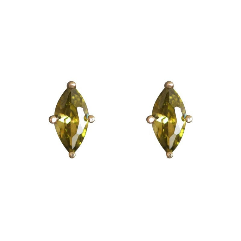 A pair of 925 sterling silver stud earrings with 14K gold plating, featuring marquise-cut olive green cubic zirconia stones in a four-prong setting.