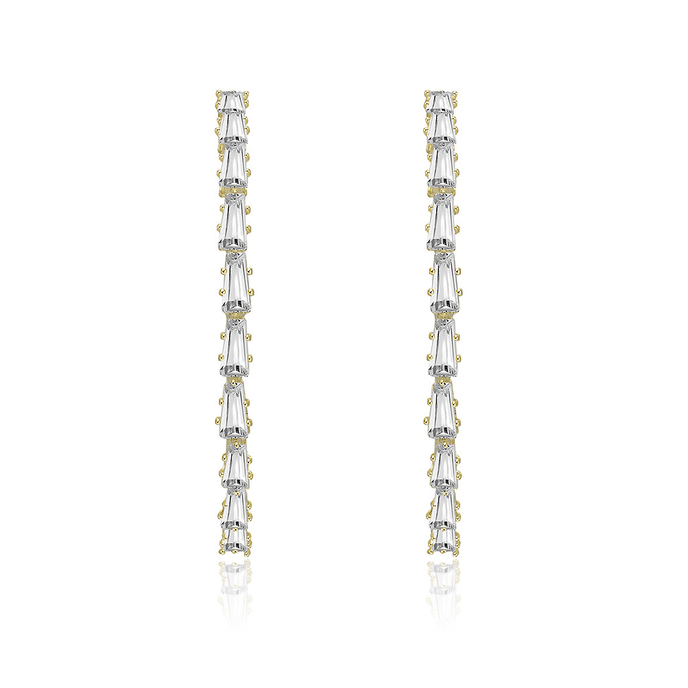 A close-up of the Brilliant 45MM Gold Plated Hoop Earrings, showcasing the clear, rectangular-cut cubic zirconia stones set in the gold-plated brass hoop.