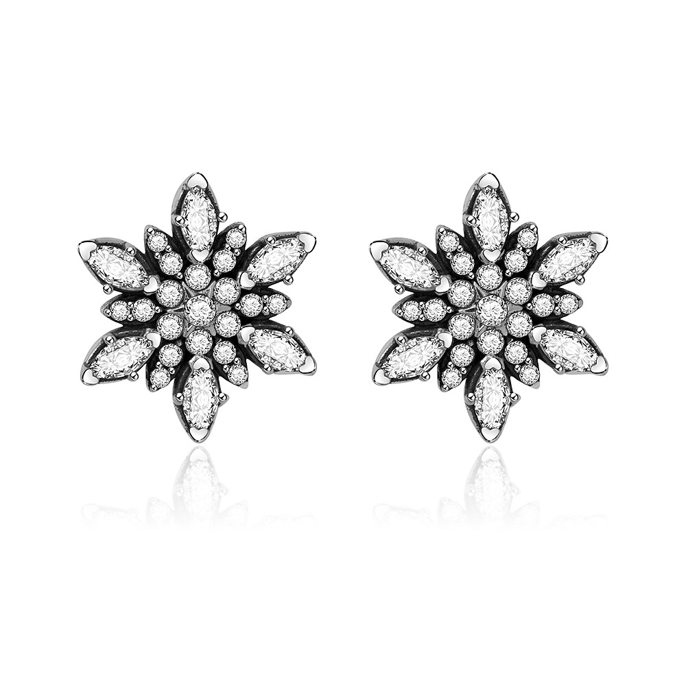 A pair of Silver Jeweled Small Flower Post Earrings, featuring a floral design with clear cubic zirconia gemstones set in 925 sterling silver.