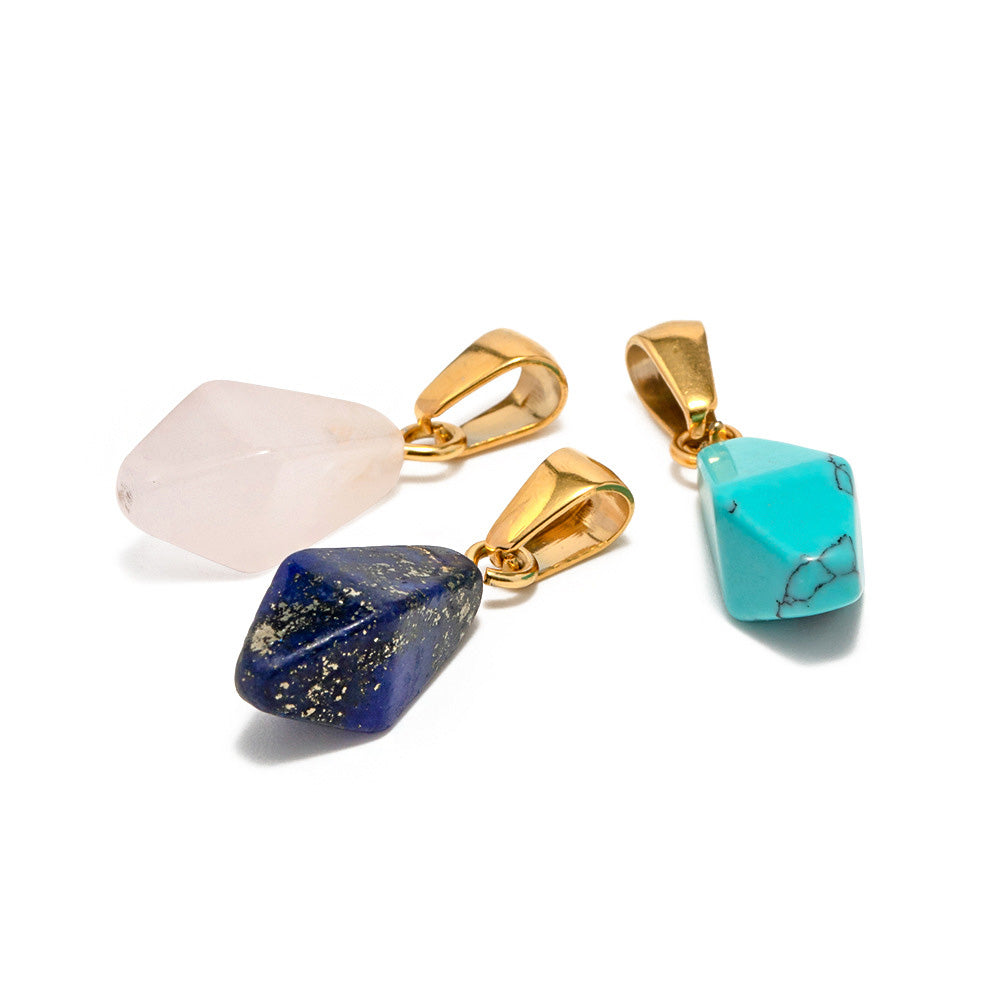 A set of three stainless steel charm pendants featuring natural stones: pale pink rose quartz, deep blue lapis lazuli with gold flecks, and vibrant turquoise with black veins, each with a gold clasp.