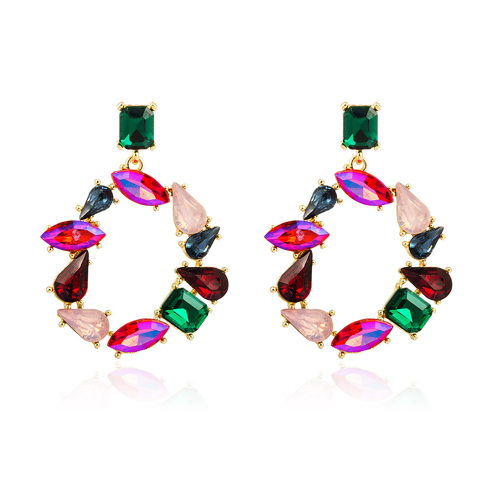 A pair of Round Drop Colorful Earrings (JRE-014) made of gold-toned metal, featuring a square-cut green stone at the top and circular arrangements of pink, red, green, and black gemstones.