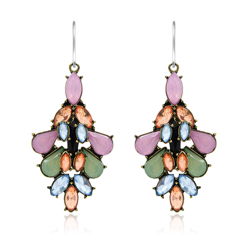 A pair of Summer Multi-Color Resin Earrings with a symmetrical, floral-like pattern of colorful gemstones set in gold-tone metal, shown against a white background.