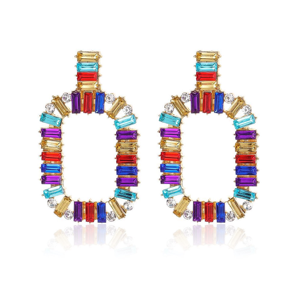 A pair of gold-plated drop earrings featuring a vibrant array of multi-colored, rectangular-cut gemstones, part of the Crystal Collection by JR Fashion Accessories.