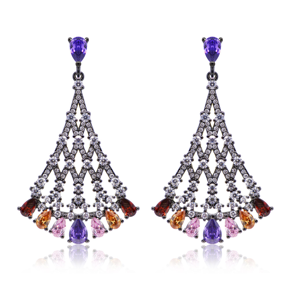 A pair of Multicolor Fan Drops earrings with teardrop-shaped multi-colored gemstones on a white background.