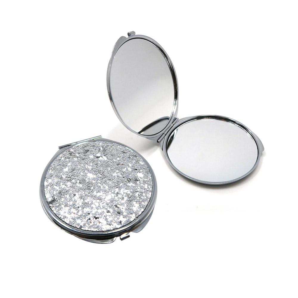 A customizable sequin flat cosmetic compact mirror, model PID-6282, showcasing its sparkling glittery surface, ideal for promotional gifts.
