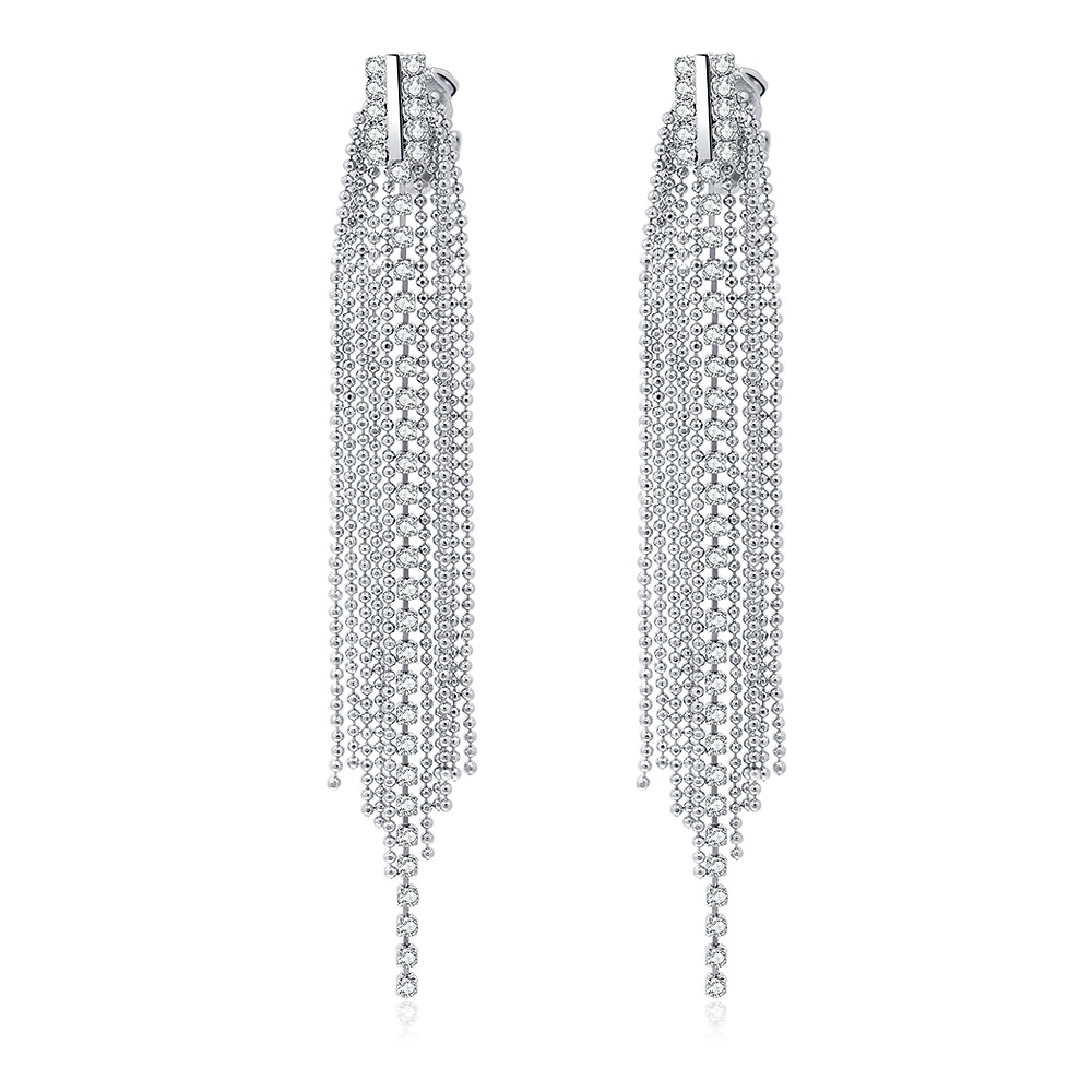 A close-up view of the Crystal Tassel Chandelier Clip Earrings, showcasing the sparkling white Czech crystals and rhodium-plated brass tassel design.
