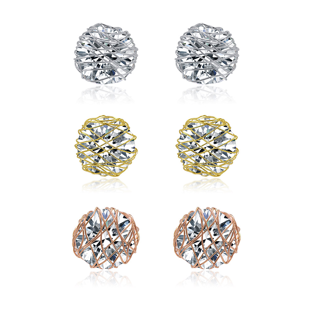 A set of three pairs of round CZ stud earrings, displayed in silver, gold, and rose gold plated brass settings, perfect for versatile styling.