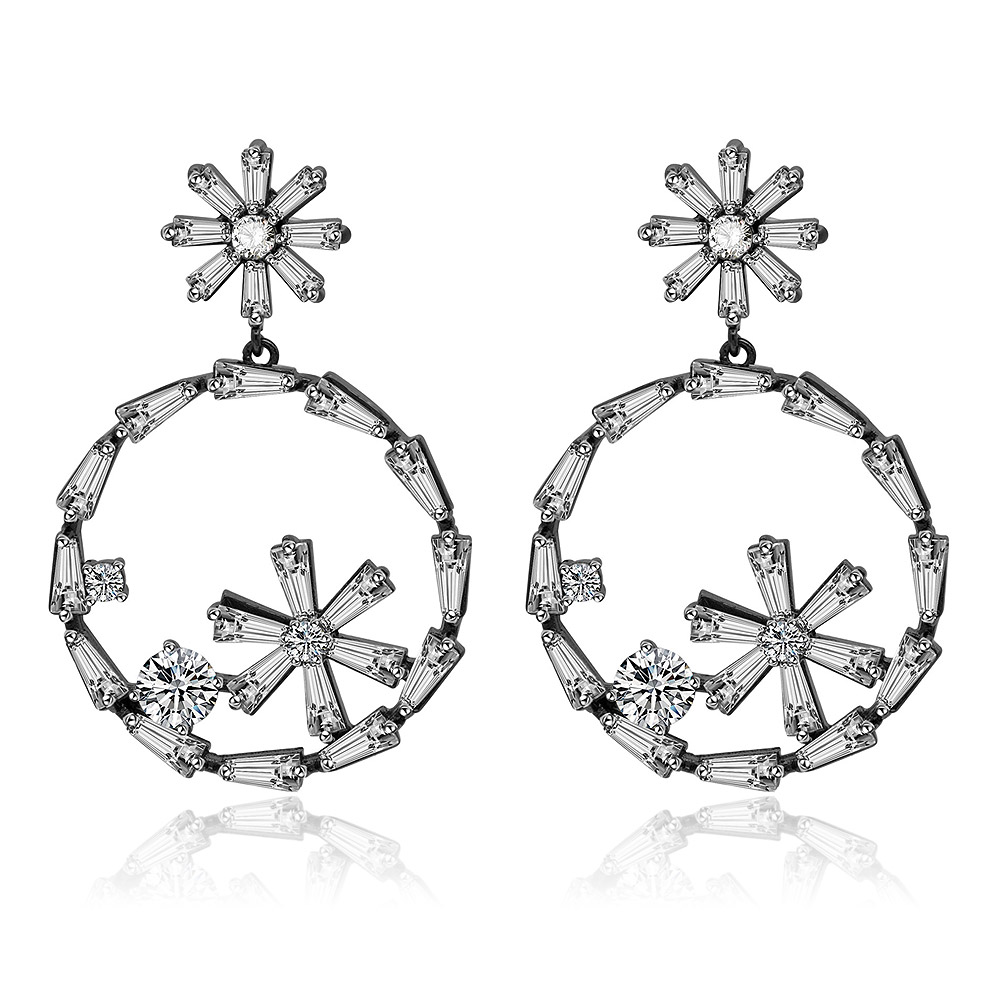 A pair of Floral Black Hematite Plating Big CZ Earrings, featuring a circular hoop design with an intricate crystal flower motif and a matching flower stud.
