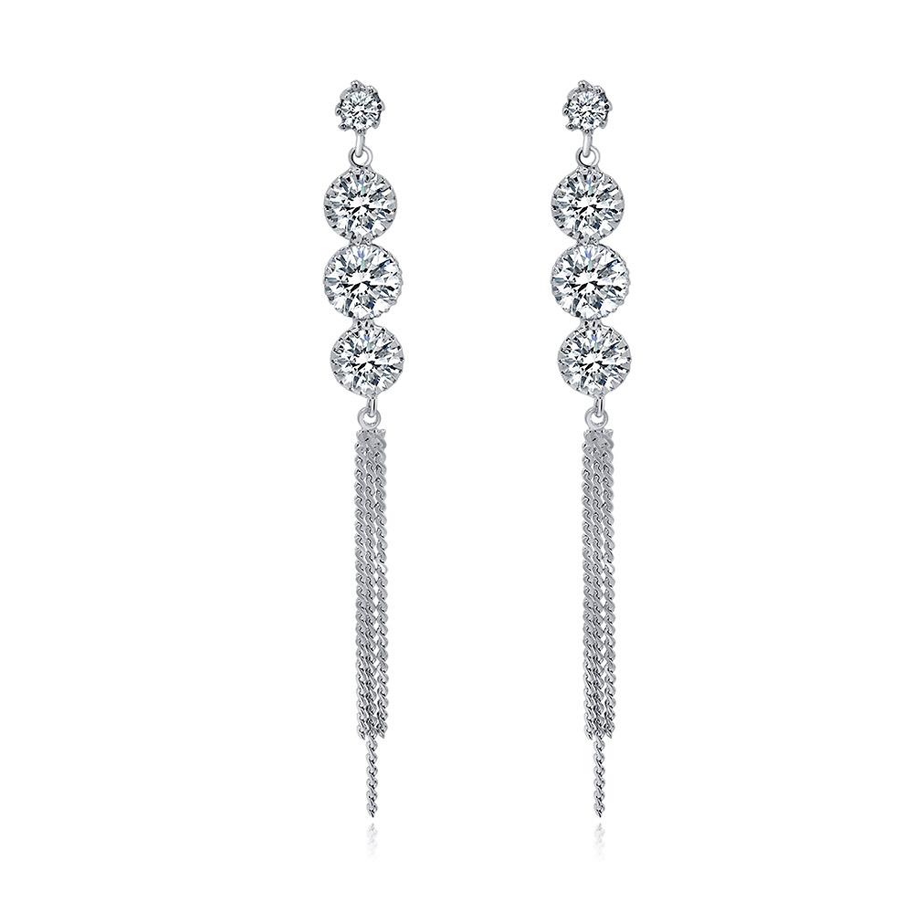 A pair of Four Stones Long Chain Earrings with stacked round cubic zirconia crystals and elegant silver tassel details, against a white background.