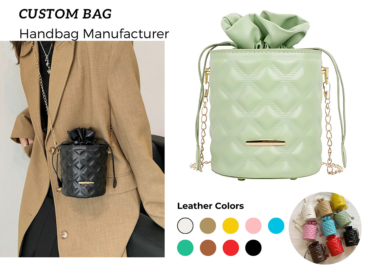 A custom European-style quilted leather handbag with gold hardware and chain strap, offered by JR Fashion Accessories.