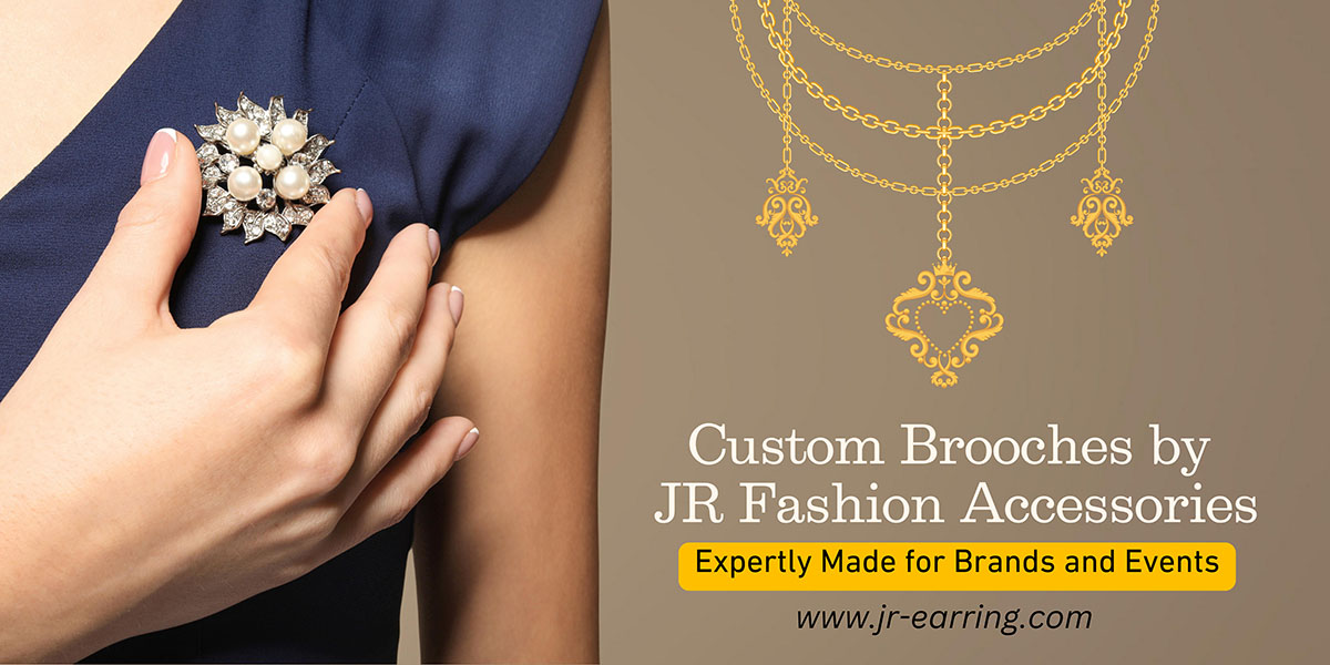 A collection of custom-designed brooches by JR Fashion Accessories, showcasing their manufacturing expertise for brands and events.