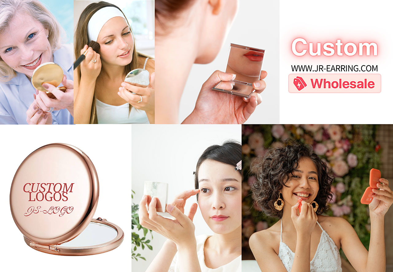 A collection of custom compact mirrors and makeup products offered by JR Fashion Accessories, highlighting wholesale and customization services.