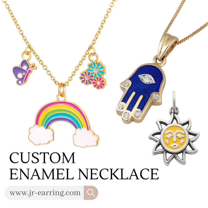 A collection of custom enamel necklaces with various colorful and unique charm designs, offered by JR Fashion Accessories.