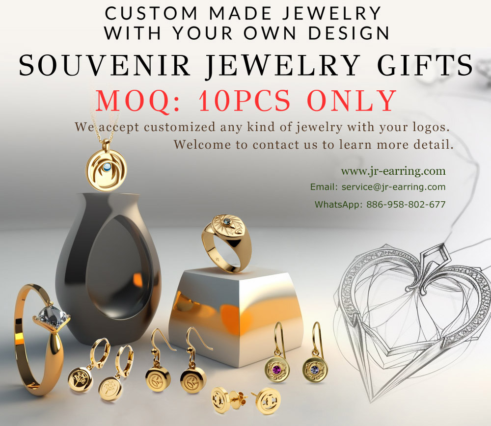 A collection of custom gold jewelry pieces by JR Fashion, showcasing options for corporate logo jewelry with a low MOQ of 10 pieces.