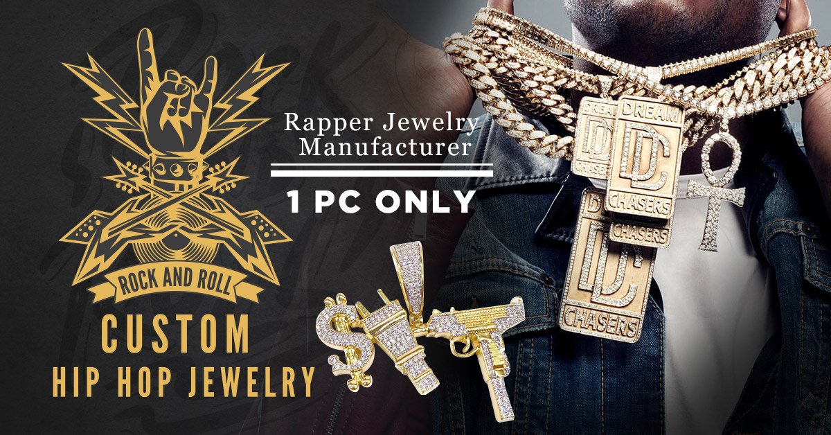 Promotional banner for custom hip-hop jewelry by JR Fashion Accessories, featuring bold, iced-out rapper-style gold chains and pendants.