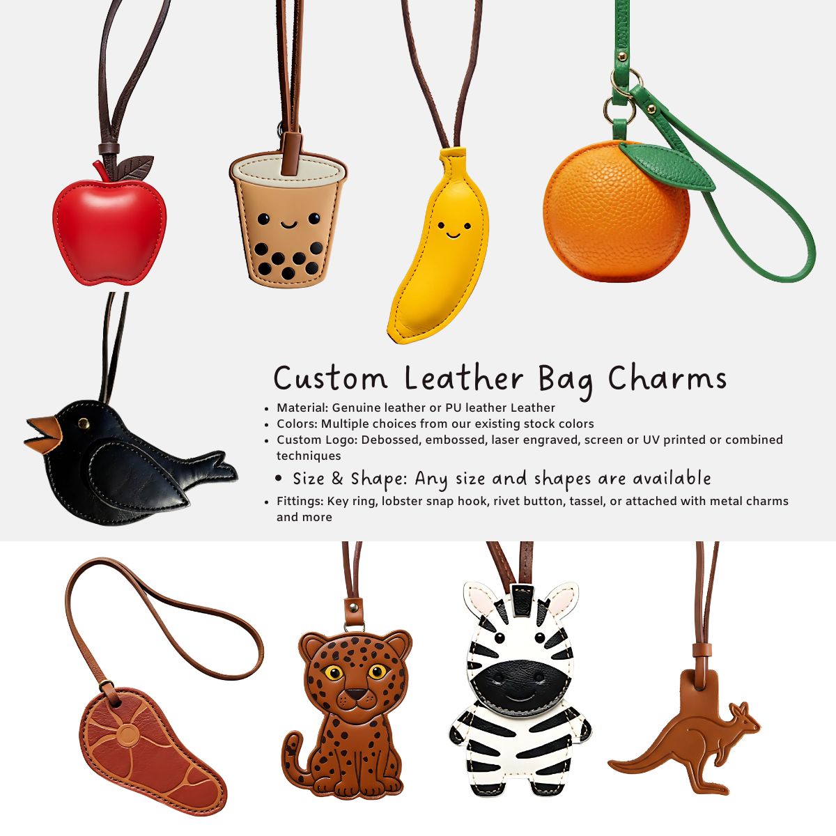 A vibrant collection of custom leather bag charms in various shapes and colors, showcasing the wholesale branding solutions offered by JR Fashion Accessories.