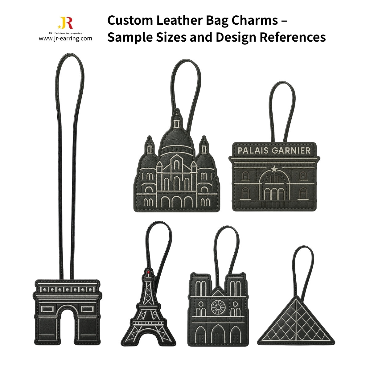 A collection of custom black leather bag charms by JR Fashion Accessories, featuring detailed designs of Paris landmarks like the Eiffel Tower and Arc de Triomphe.