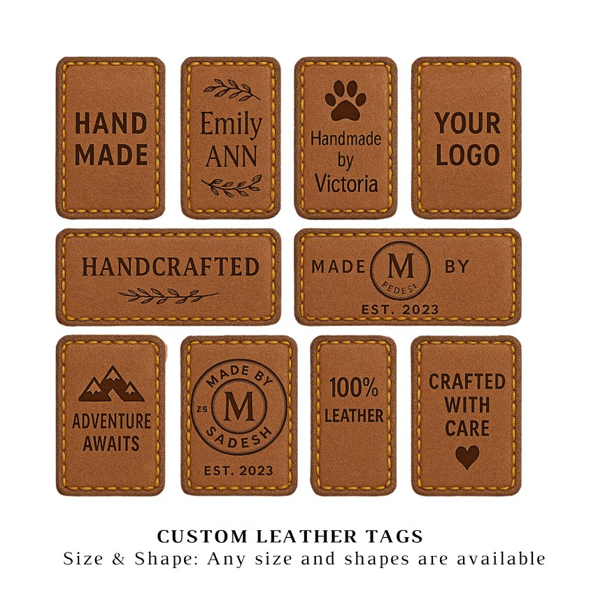 A collection of high-quality custom leather labels in various brown shades, featuring debossed text like 'HAND MADE' and '100% LEATHER', showcasing options for brand personalization.