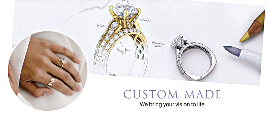 A detailed view of the custom jewelry design process, showcasing various engagement ring designs and sketches at JR Fashion Accessories.