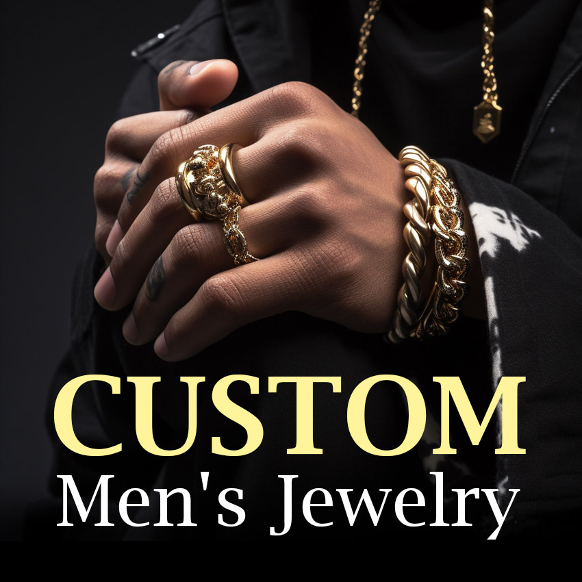 A collection of custom men's gold jewelry, including stylish bracelets and rings, offered by JR Fashion Accessories.